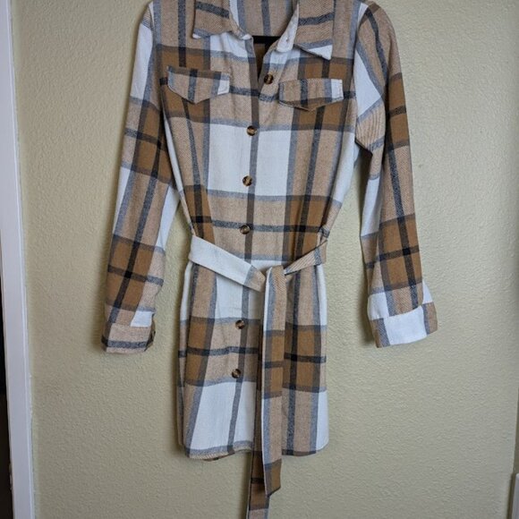 Plaid Single Breasted Belted Shirt Dress Size Large - Picture 3 of 6